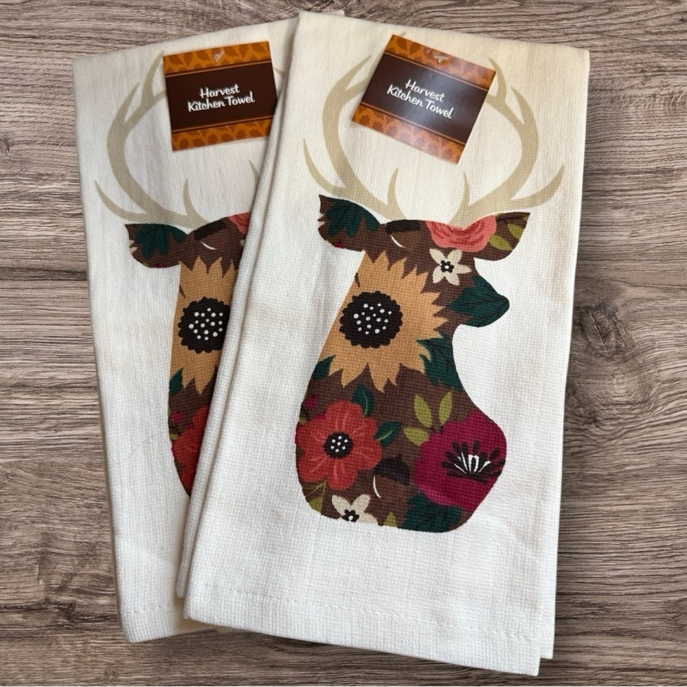 Set of 2 Autumn Bouquet Deer Dual Kitchen Towels - NWT